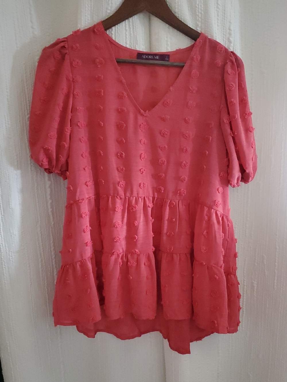 Womens L Adore Me Coral Pink V-Neck Tiered Puff Sleeve Tunic